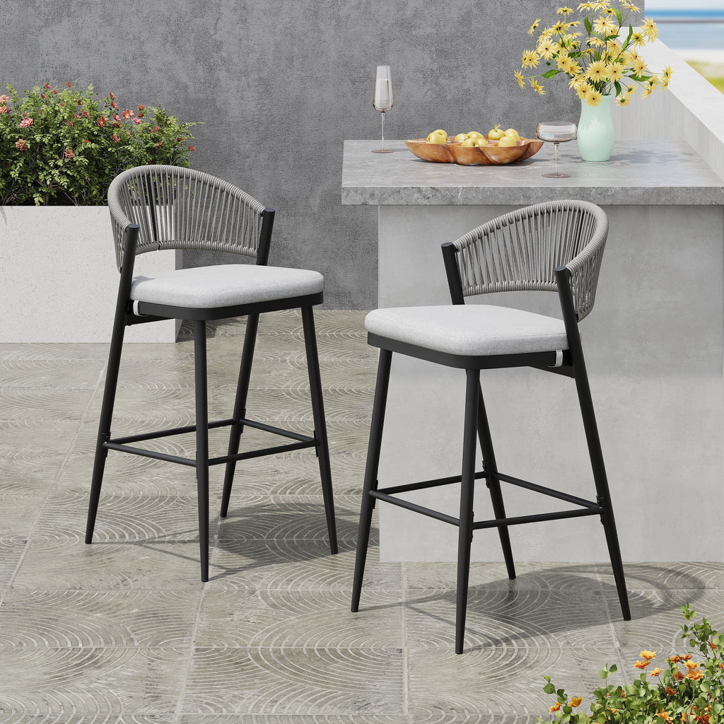 Outdoor Metal Frame Stools with Scallop-Shaped Backrest & Water-Resistant Cushions, Set of 2