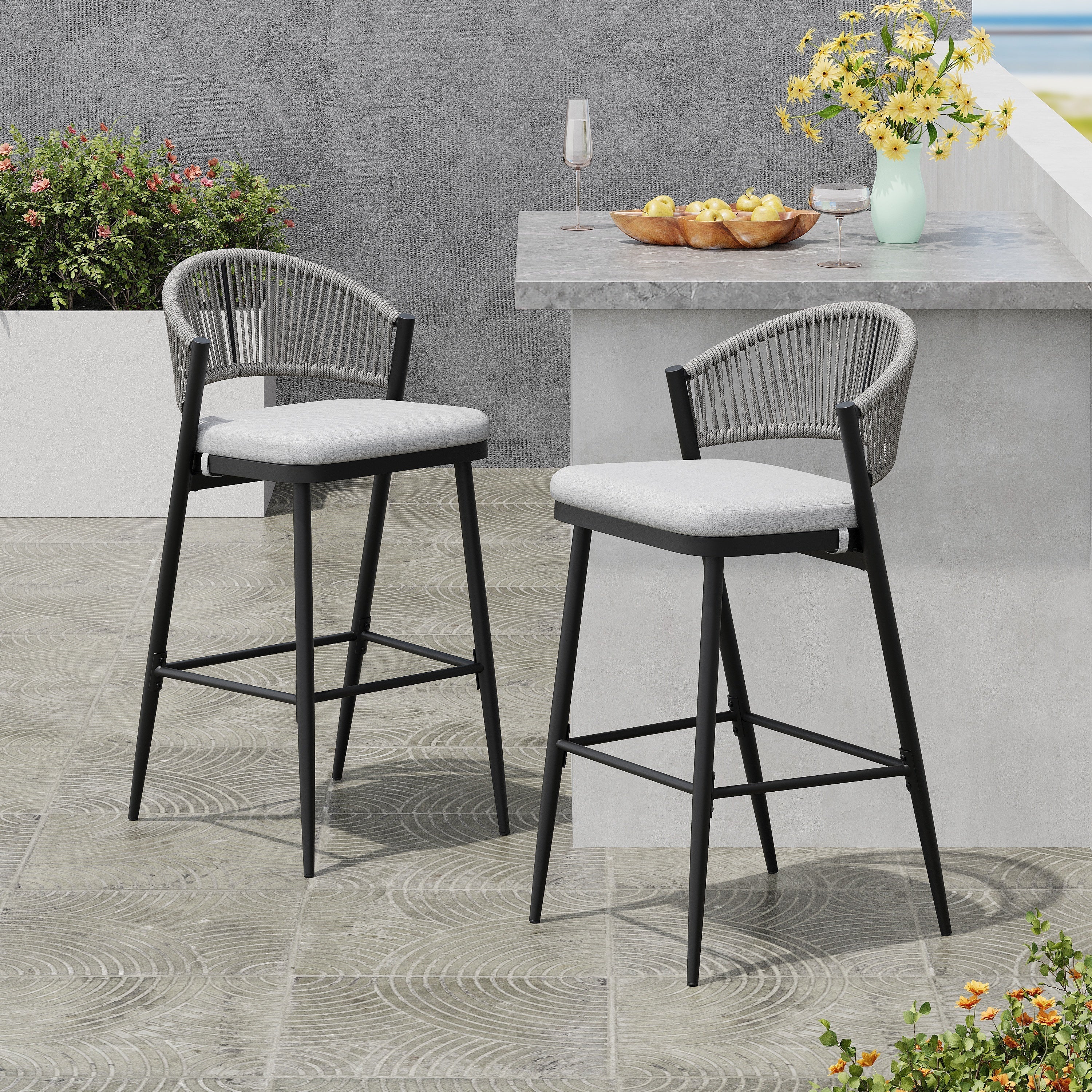 Outdoor Metal Frame Stools with Scallop-Shaped Backrest & Water-Resistant Cushions, Set of 2
