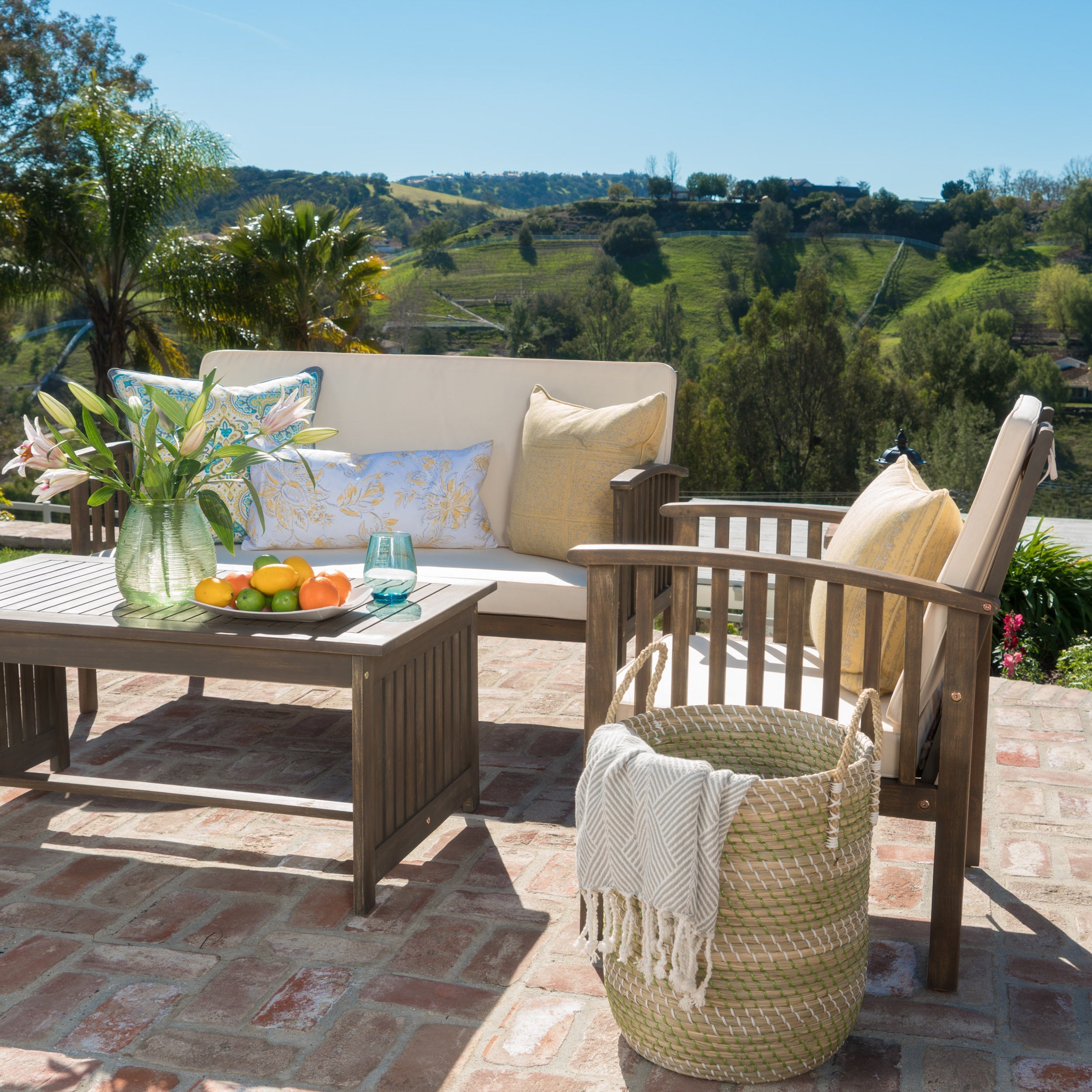 Tidewell 4 Piece Acacia Wood Outdoor Chat Set with Water-Resistant Cushions