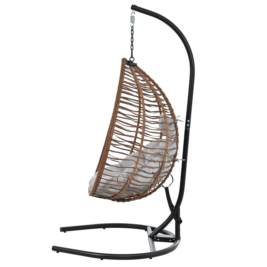 Foldable Rattan Egg Swing Chair with Iron Frame, Plush Cushion & Removable Headrest