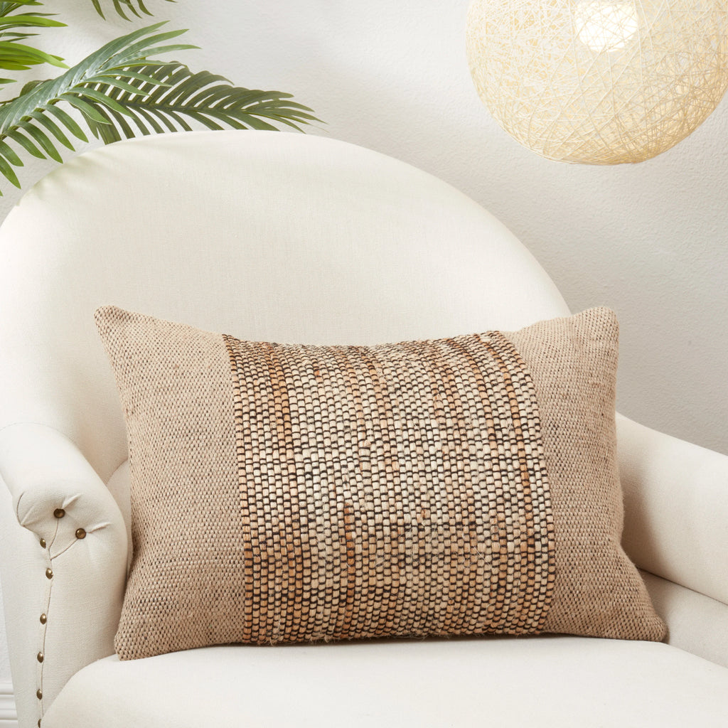 Earthy Jute Banded Outdoor Polyester Filled Throw Pillow