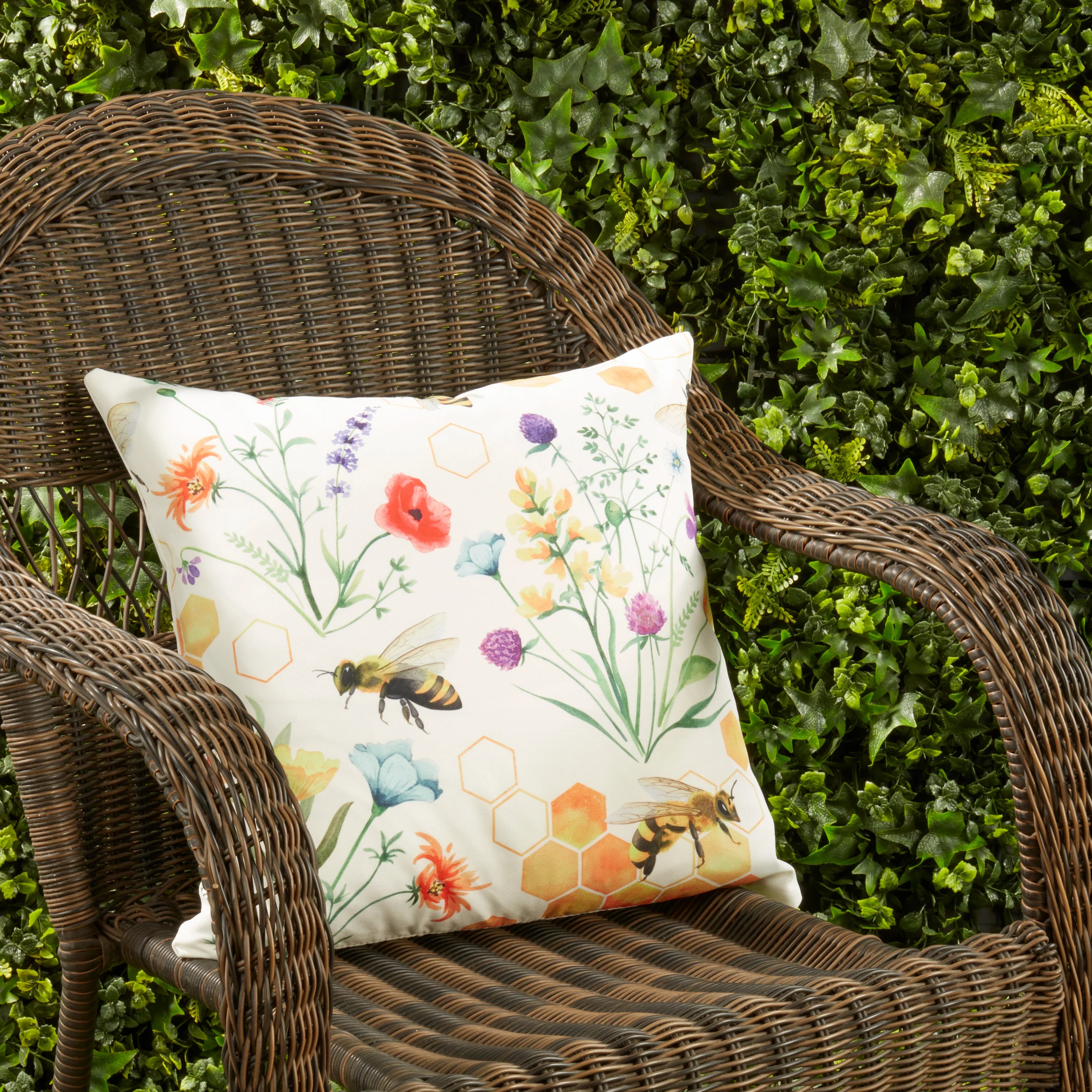 Bright Bumble Bee Floral Outdoor Polyester Filled Throw Pillow