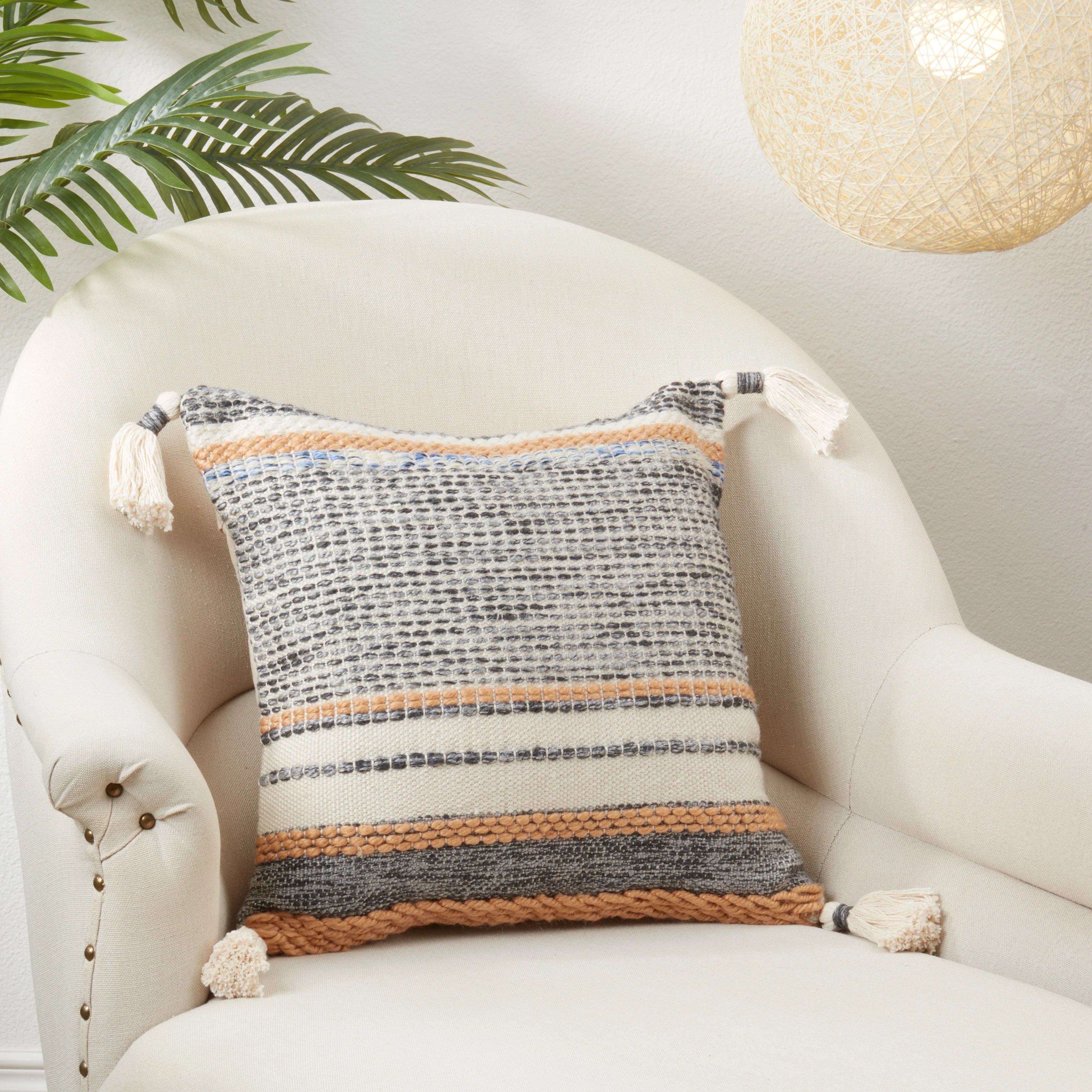 Color Band Fringed Outdoor Polyester Filled Throw Pillow