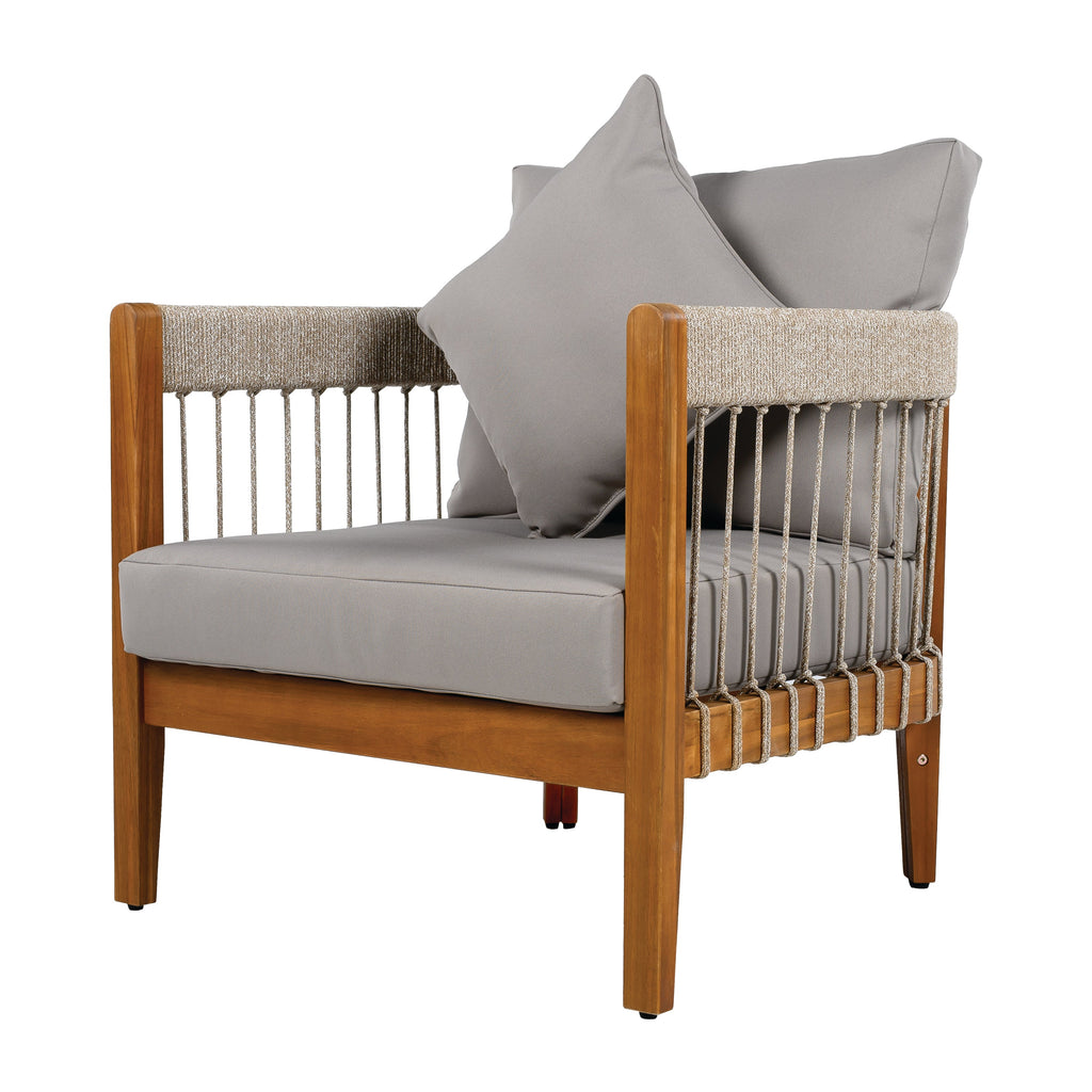 Azari Outdoor Acacia Wood Club Chair with Handwoven Rope Accents & Curved Backrest