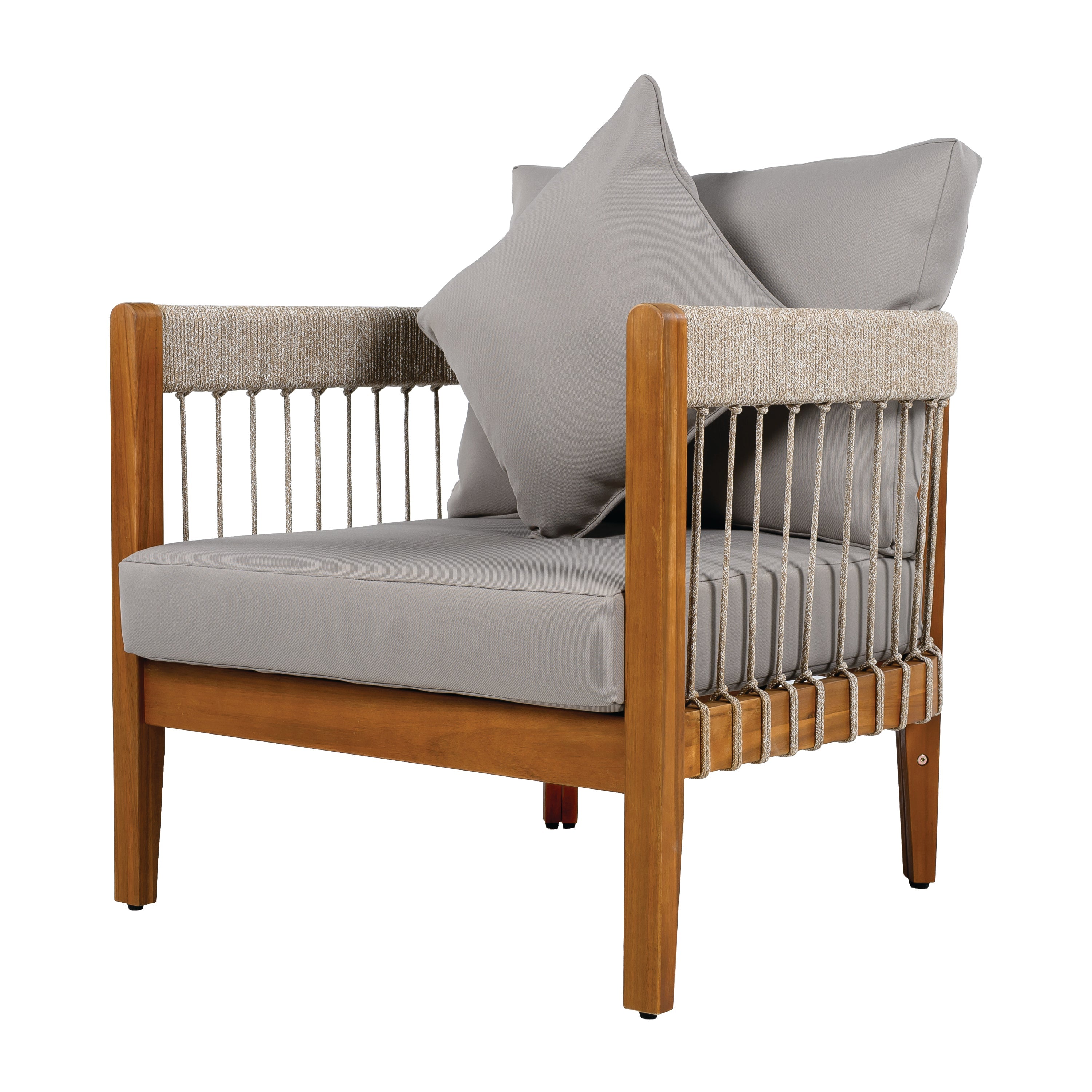 Azari Outdoor Acacia Wood Club Chair with Handwoven Rope Accents & Curved Backrest