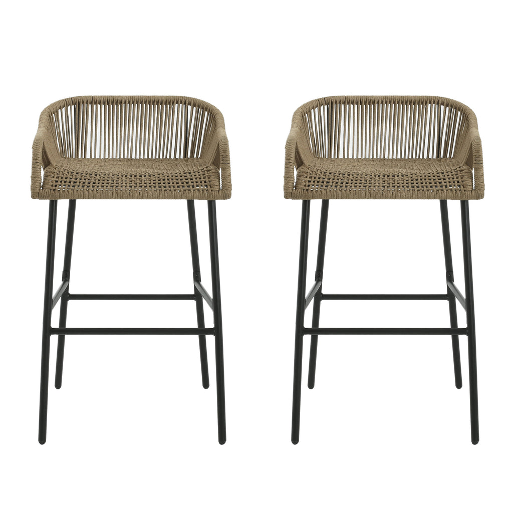 Outdoor Rope Bar Stool with Low Back and Iron Frame, Set of 2