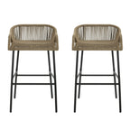 Outdoor Rope Bar Stool with Low Back and Iron Frame, Set of 2
