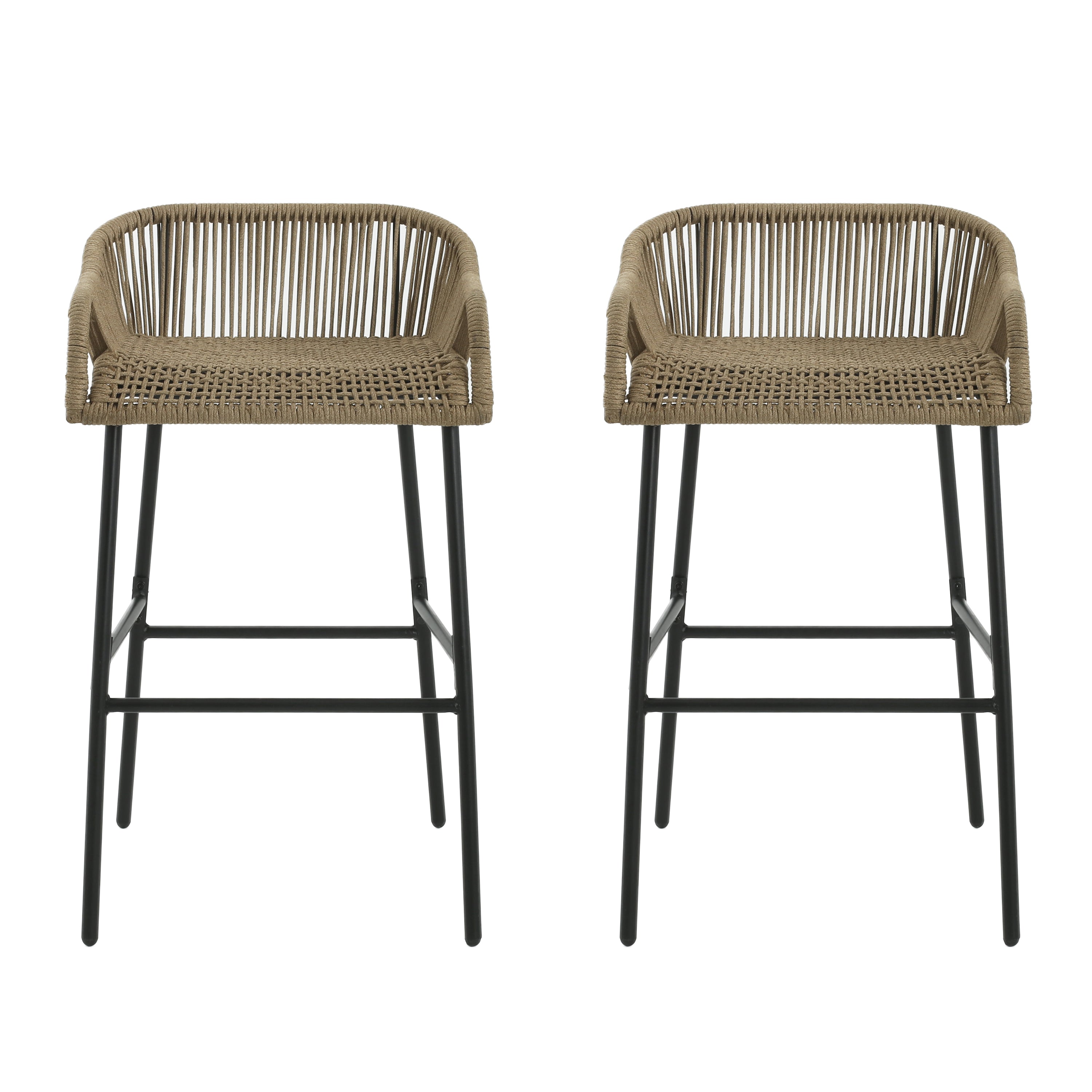 Outdoor Rope Bar Stool with Low Back and Iron Frame, Set of 2