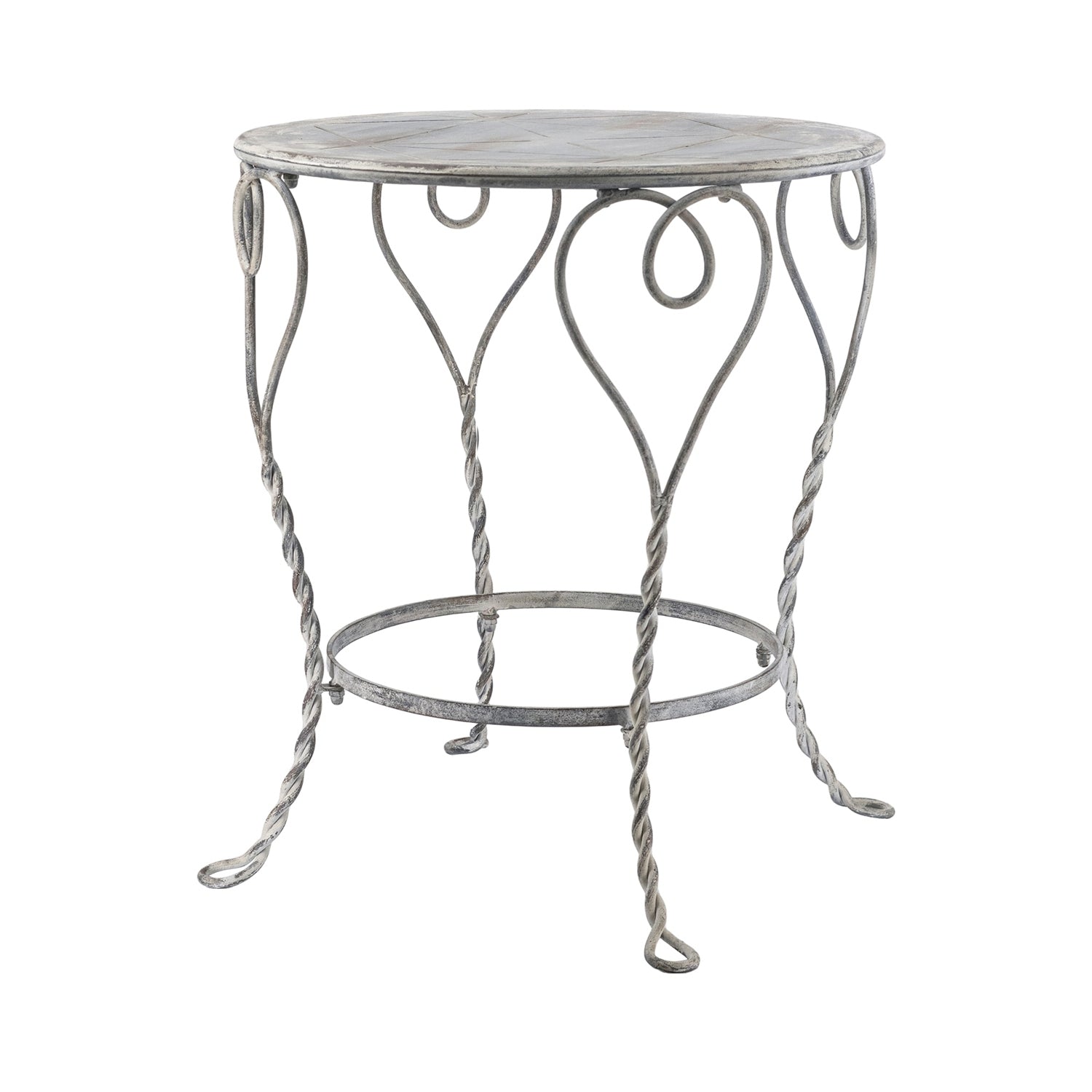 Distressed Silver Finish Heart Iron French Country Round Side Table