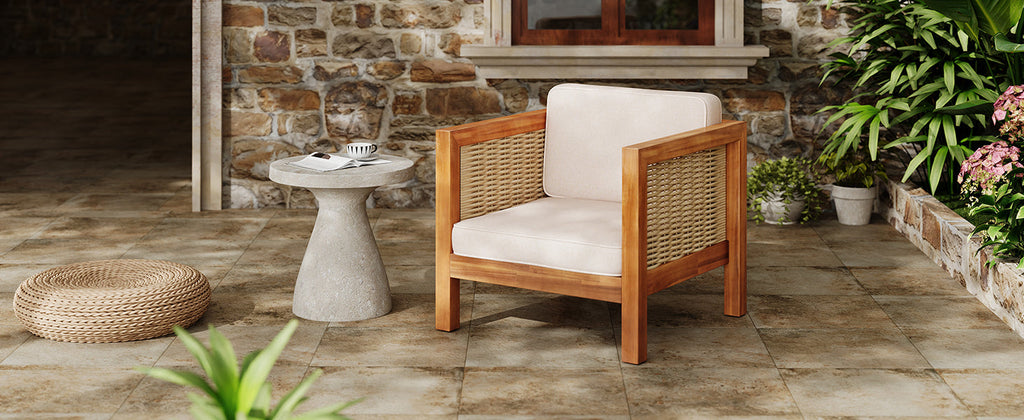 Outdoor Acacia Wood Outdoor Club Chair with Wicker Armrest and Beige Cushions