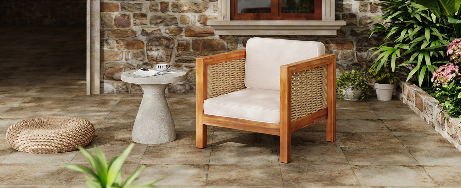 Outdoor Acacia Wood Outdoor Club Chair with Wicker Armrest and Beige Cushions