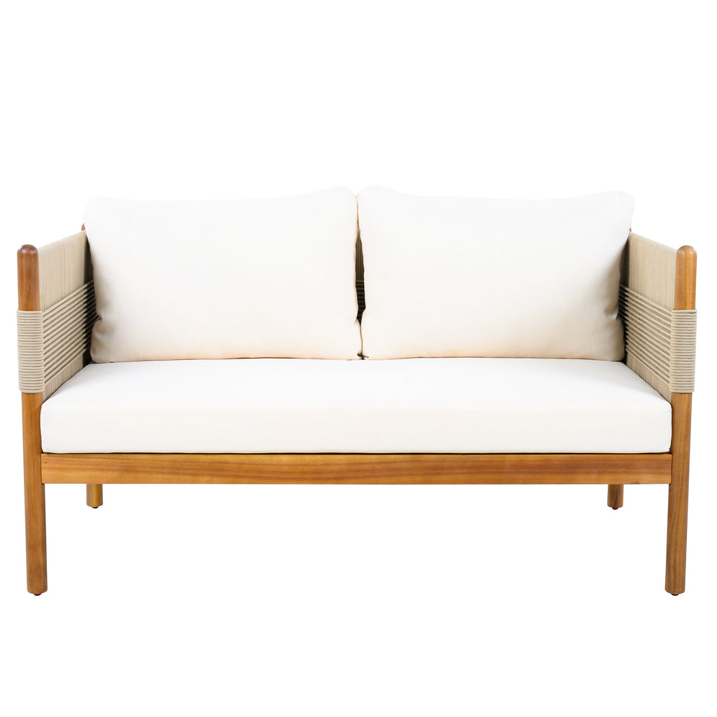 Seabrook Acacia Wood Outdoor Loveseat with Diamond Rope Weave & Cushions