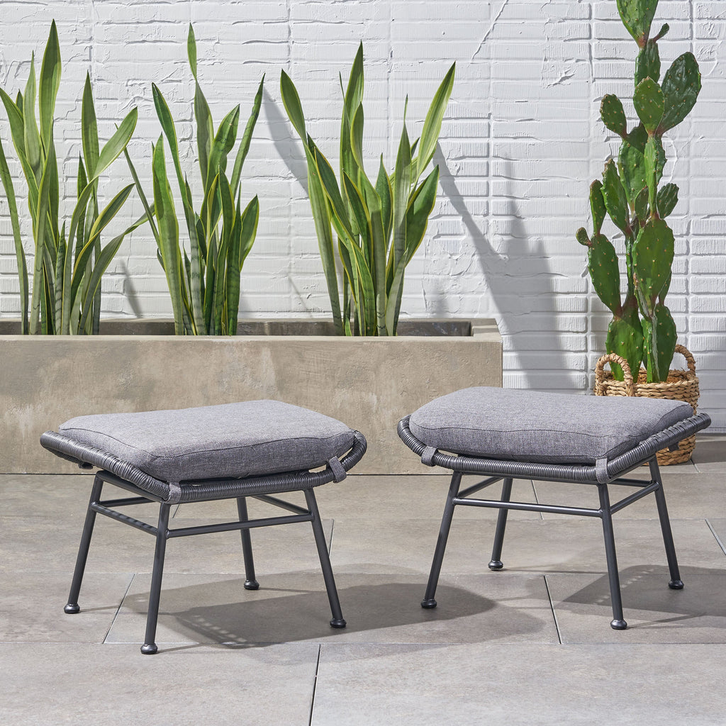Cordella Outdoor Modern Boho Wicker Ottoman with Cushions, Set of 2
