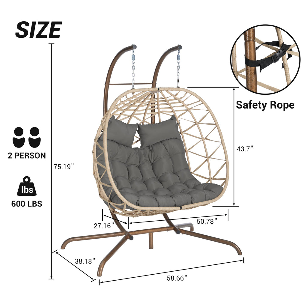 2-Person Outdoor Wicker Rattan Egg Chair with Stand Hanging
