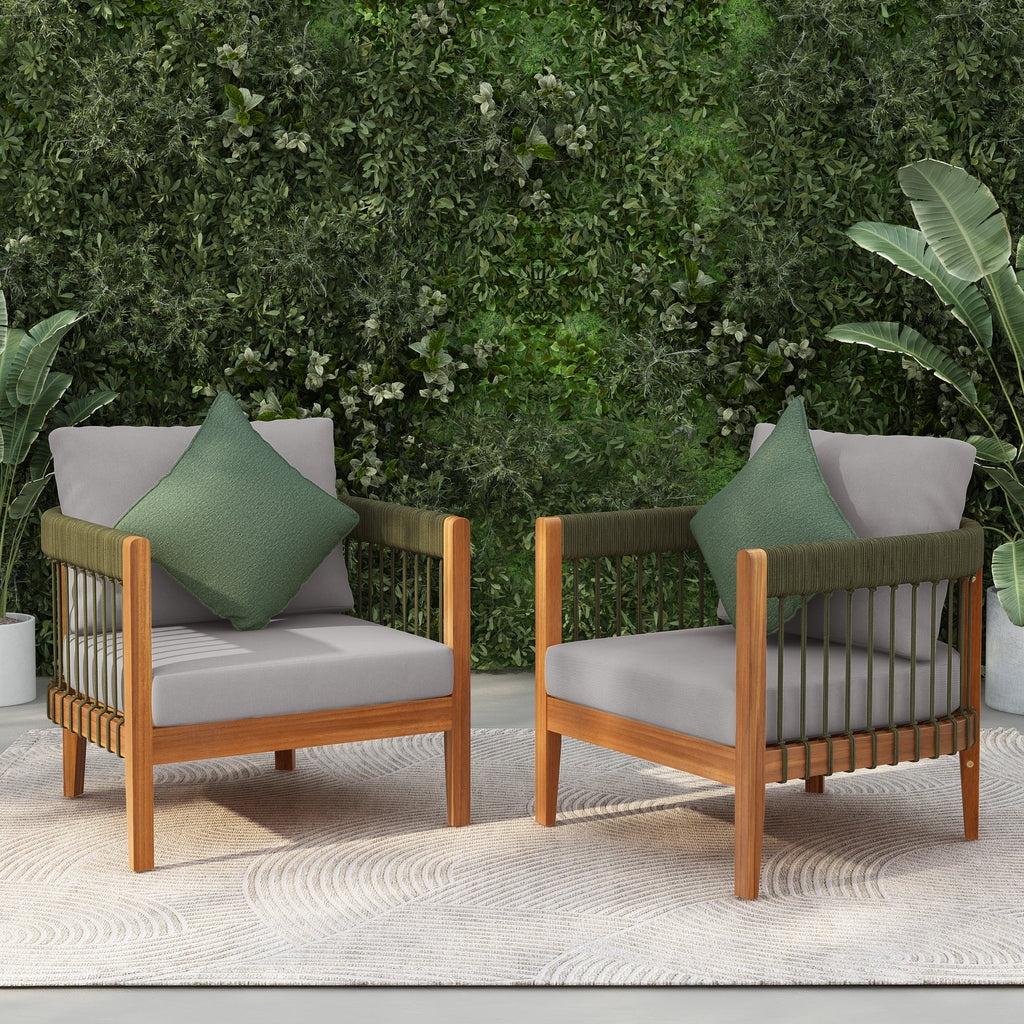Azari Outdoor Acacia Wood Club Chair with Handwoven Rope Accents & Curved Backrest