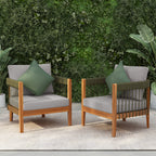 Azari Outdoor Acacia Wood Club Chair with Handwoven Rope Accents & Curved Backrest