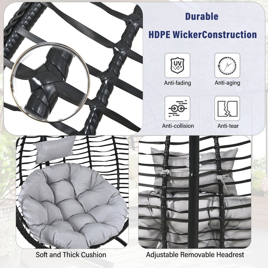 Foldable Rattan Egg Swing Chair with Iron Frame, Plush Cushion & Removable Headrest