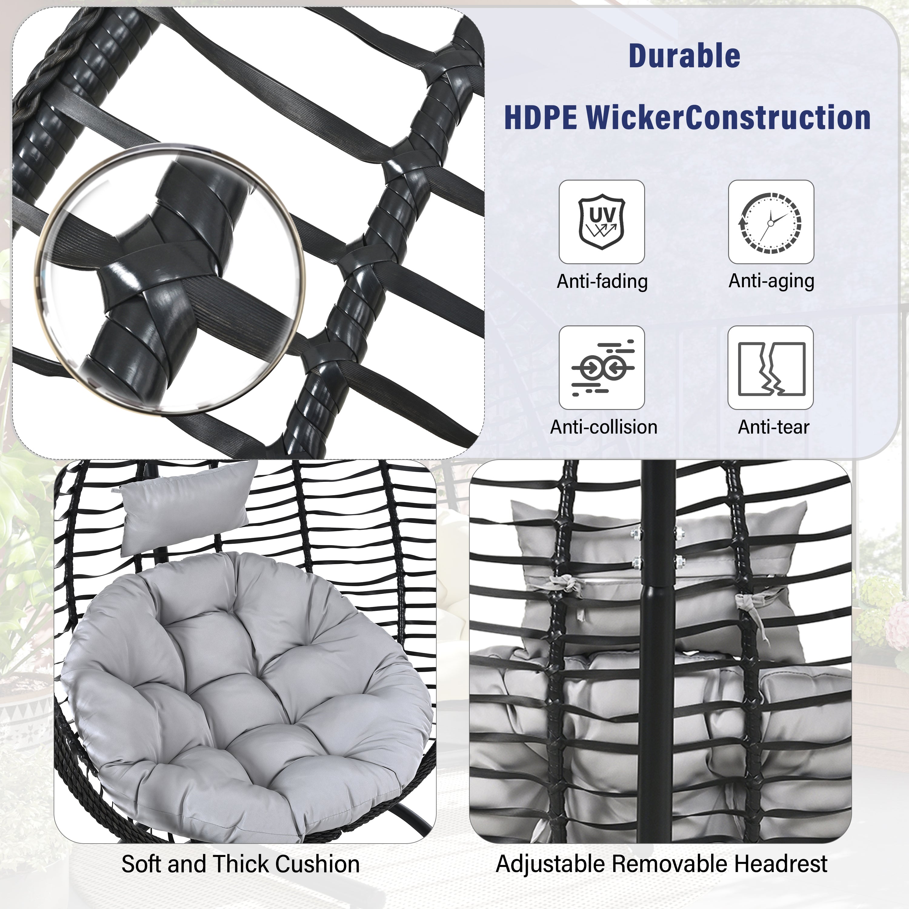 Foldable Rattan Egg Swing Chair with Iron Frame, Plush Cushion & Removable Headrest