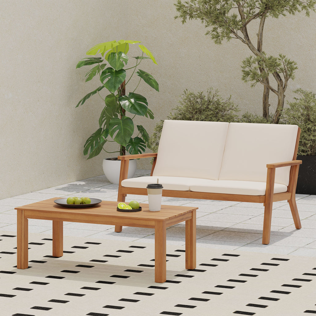 Brixton Outdoor Acacia Wood Loveseat and Coffee Table Set with Cushions