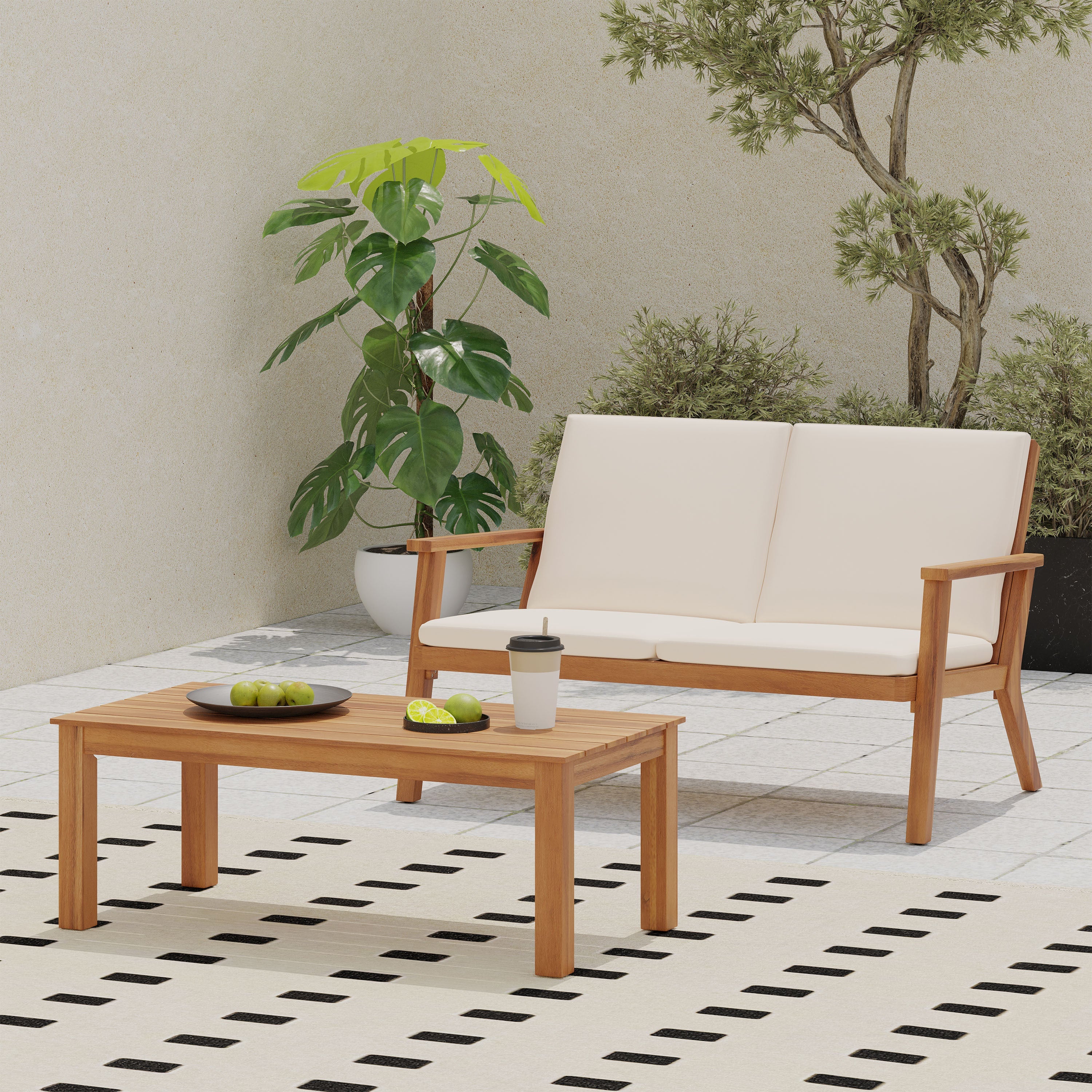 Brixton Outdoor Acacia Wood Loveseat and Coffee Table Set with Cushions