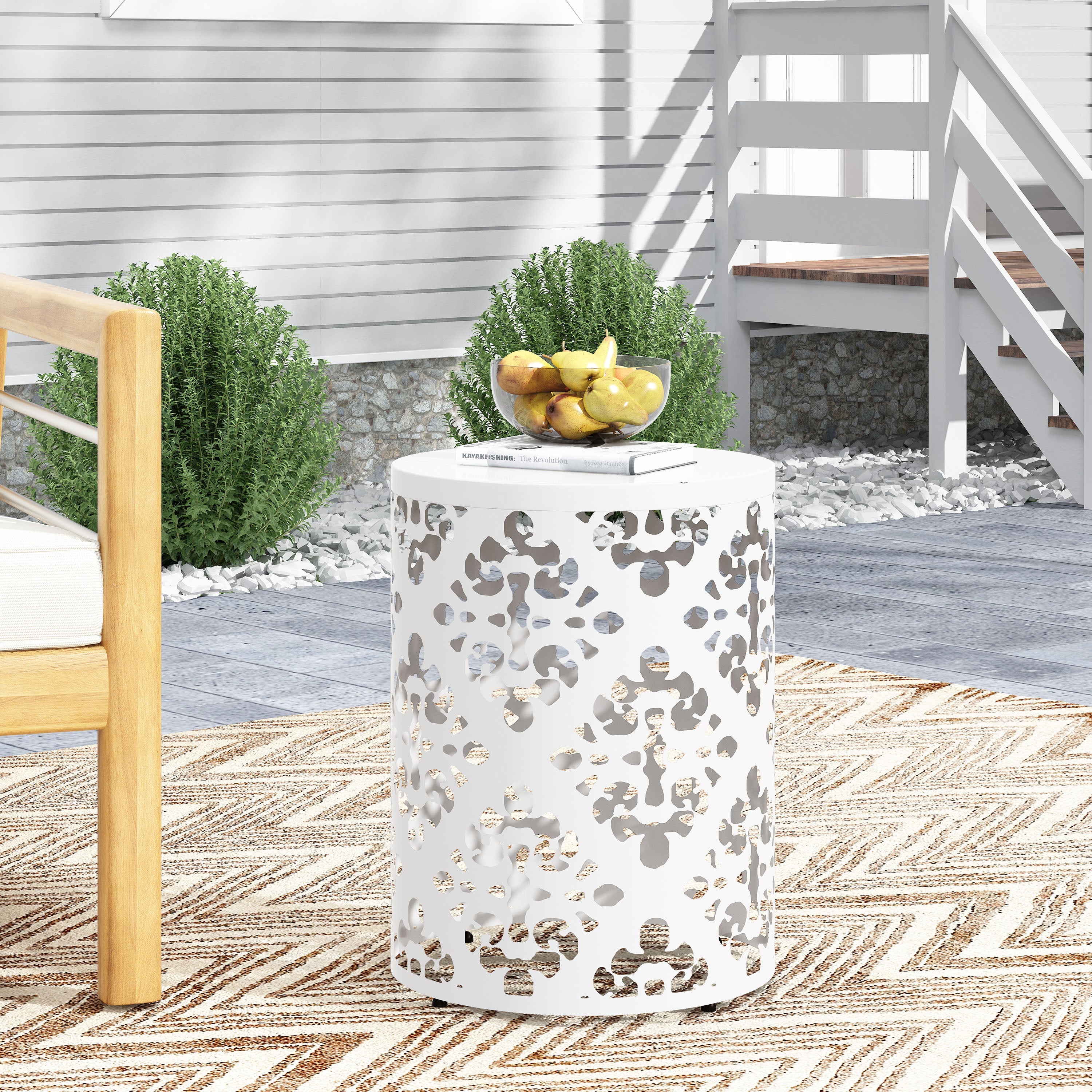Spherical Outdoor Cylindrical End Table with Iron Cut Design