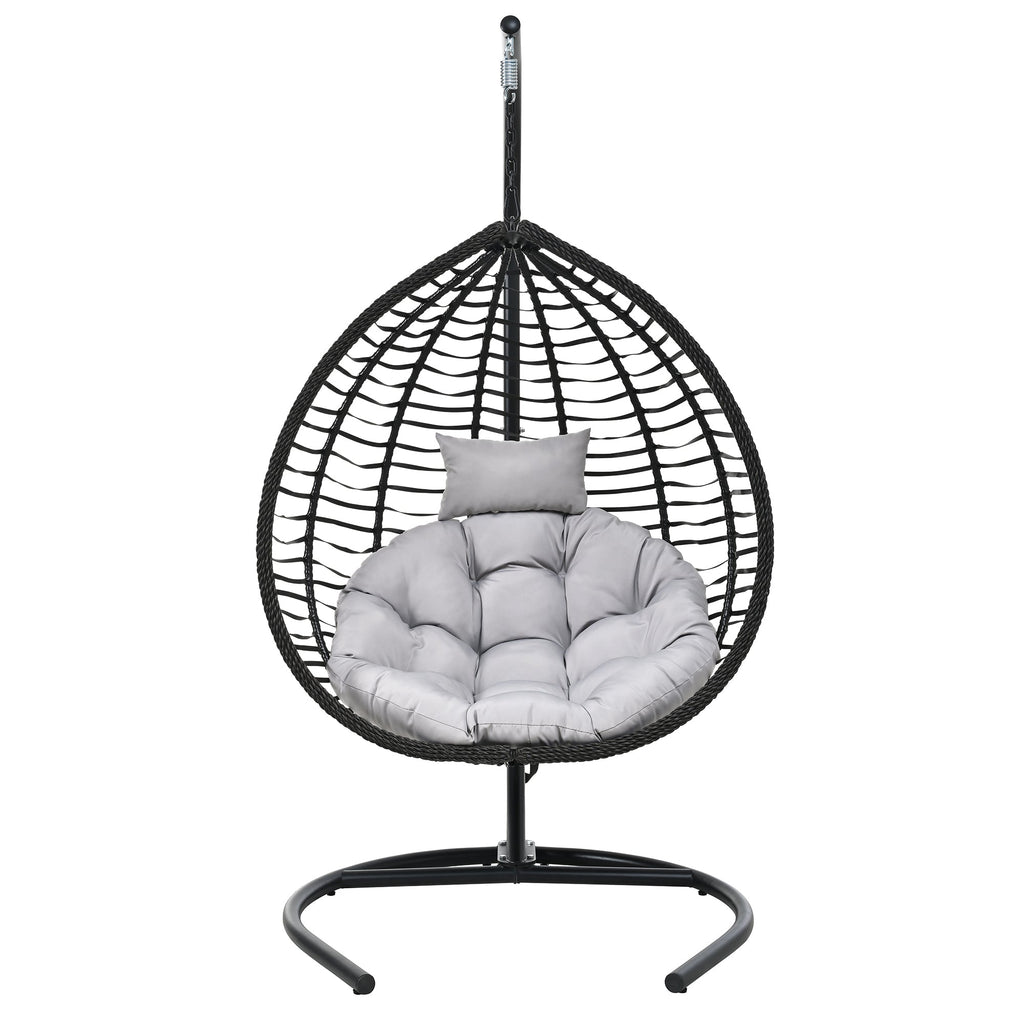 Foldable Rattan Egg Swing Chair with Iron Frame, Plush Cushion & Removable Headrest