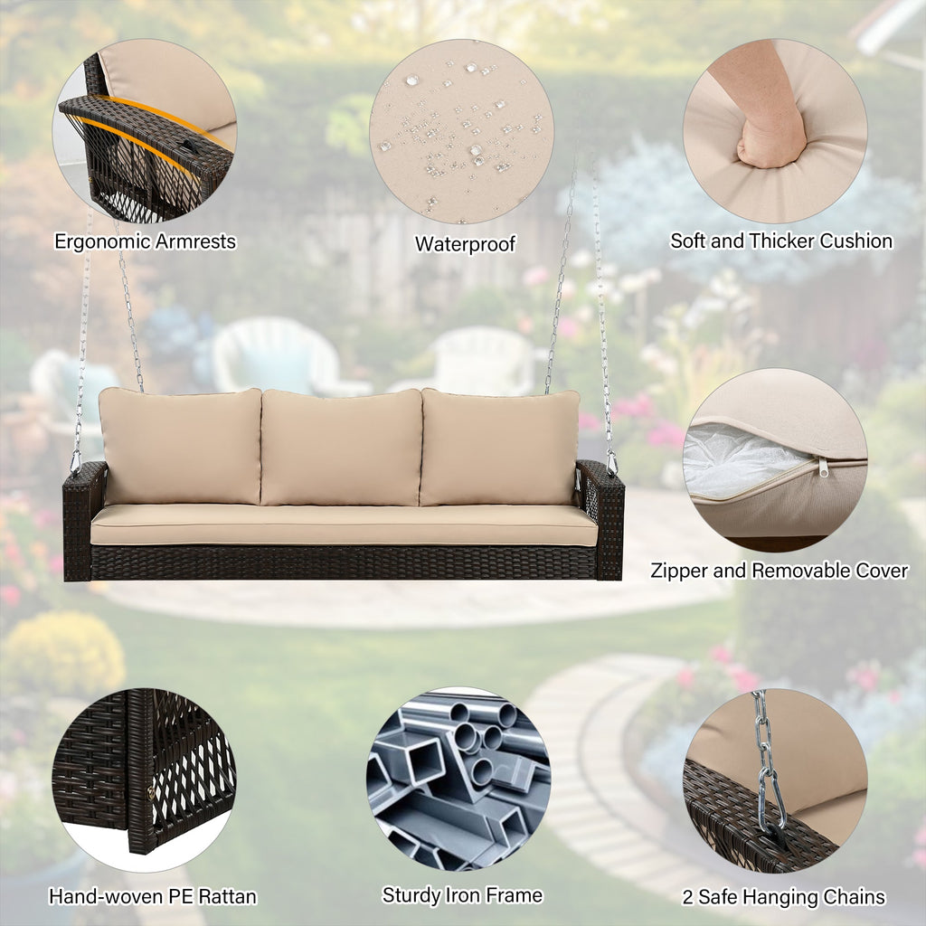3-Person Large Porch Swing with Cushions