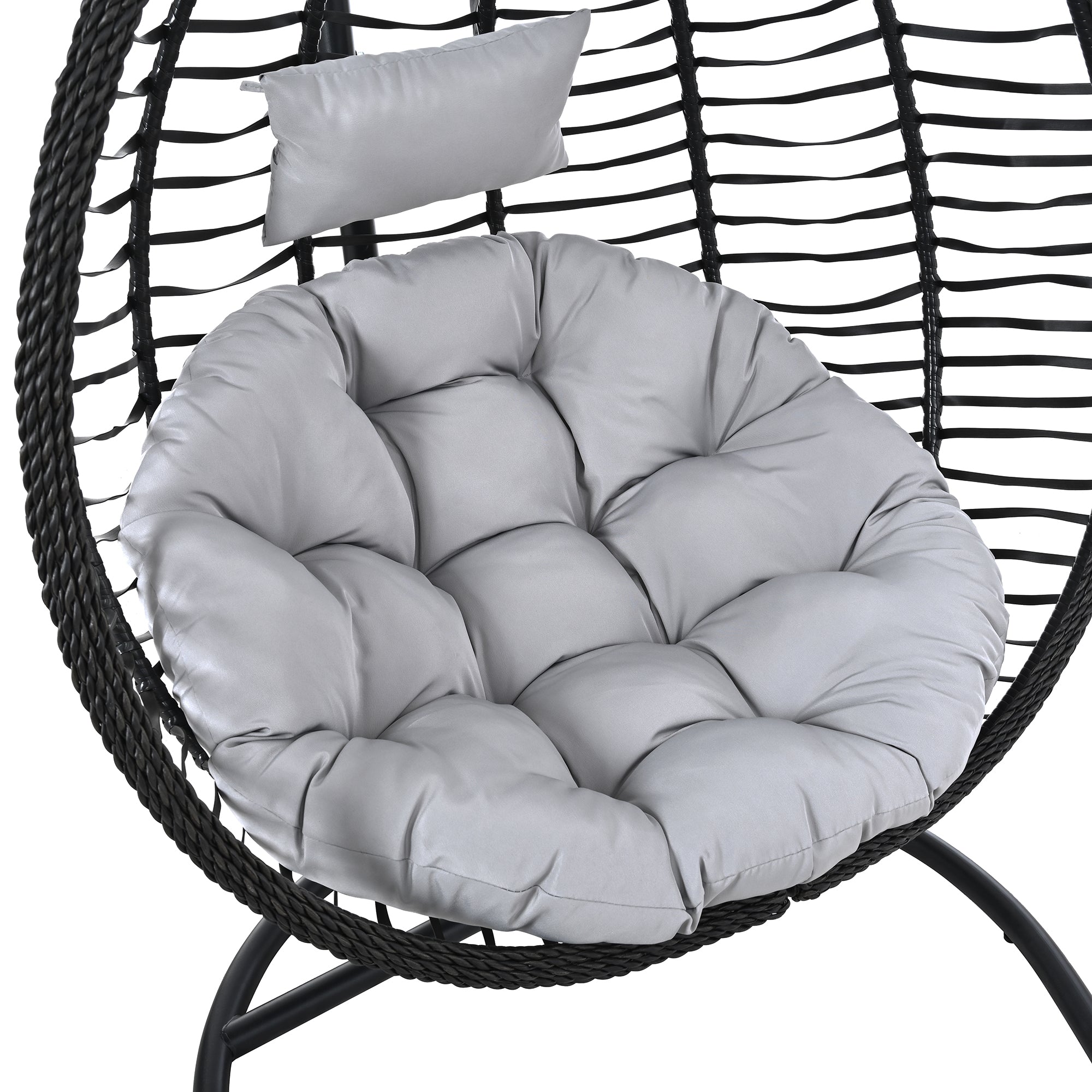 Foldable Rattan Egg Swing Chair with Iron Frame, Plush Cushion & Removable Headrest
