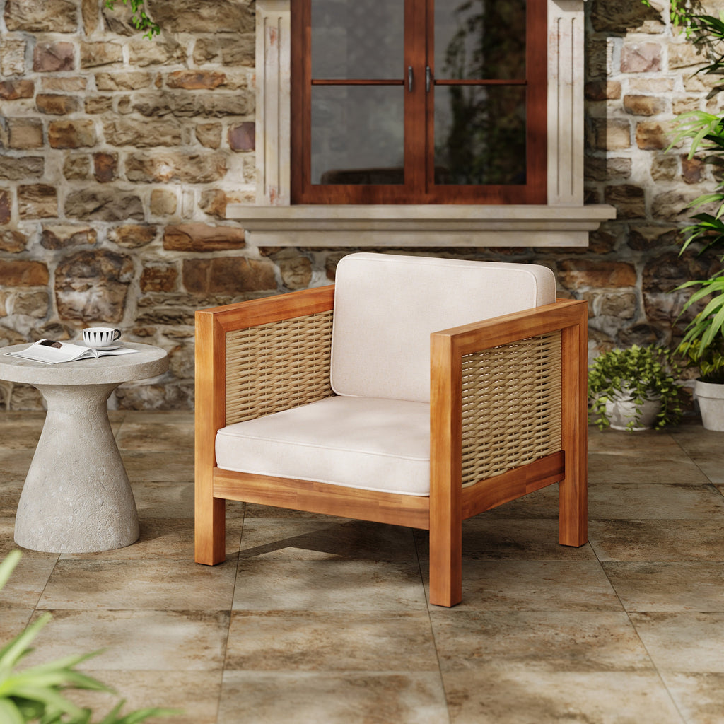 Outdoor Acacia Wood Outdoor Club Chair with Wicker Armrest and Beige Cushions