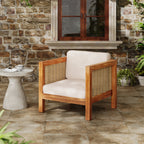 Outdoor Acacia Wood Outdoor Club Chair with Wicker Armrest and Beige Cushions