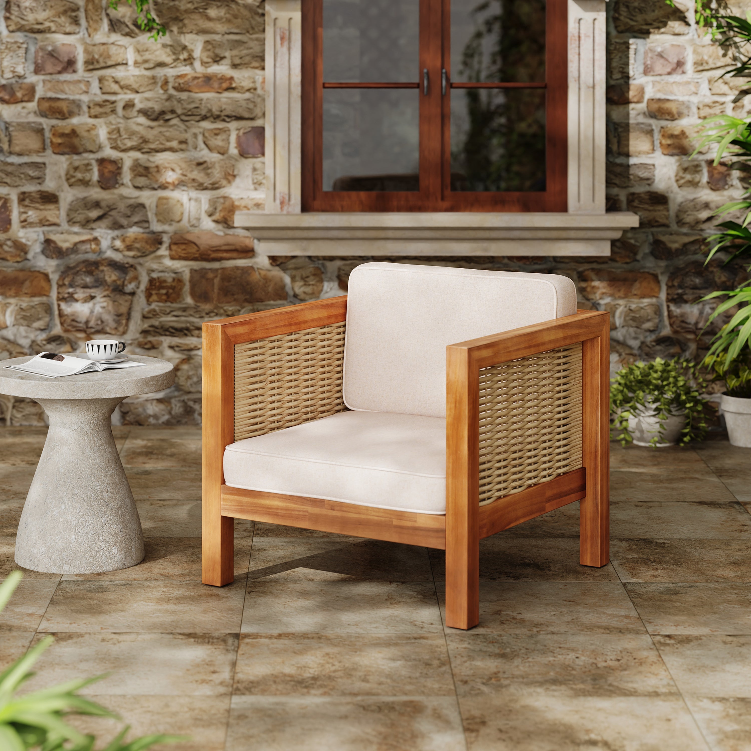 Outdoor Acacia Wood Outdoor Club Chair with Wicker Armrest and Beige Cushions