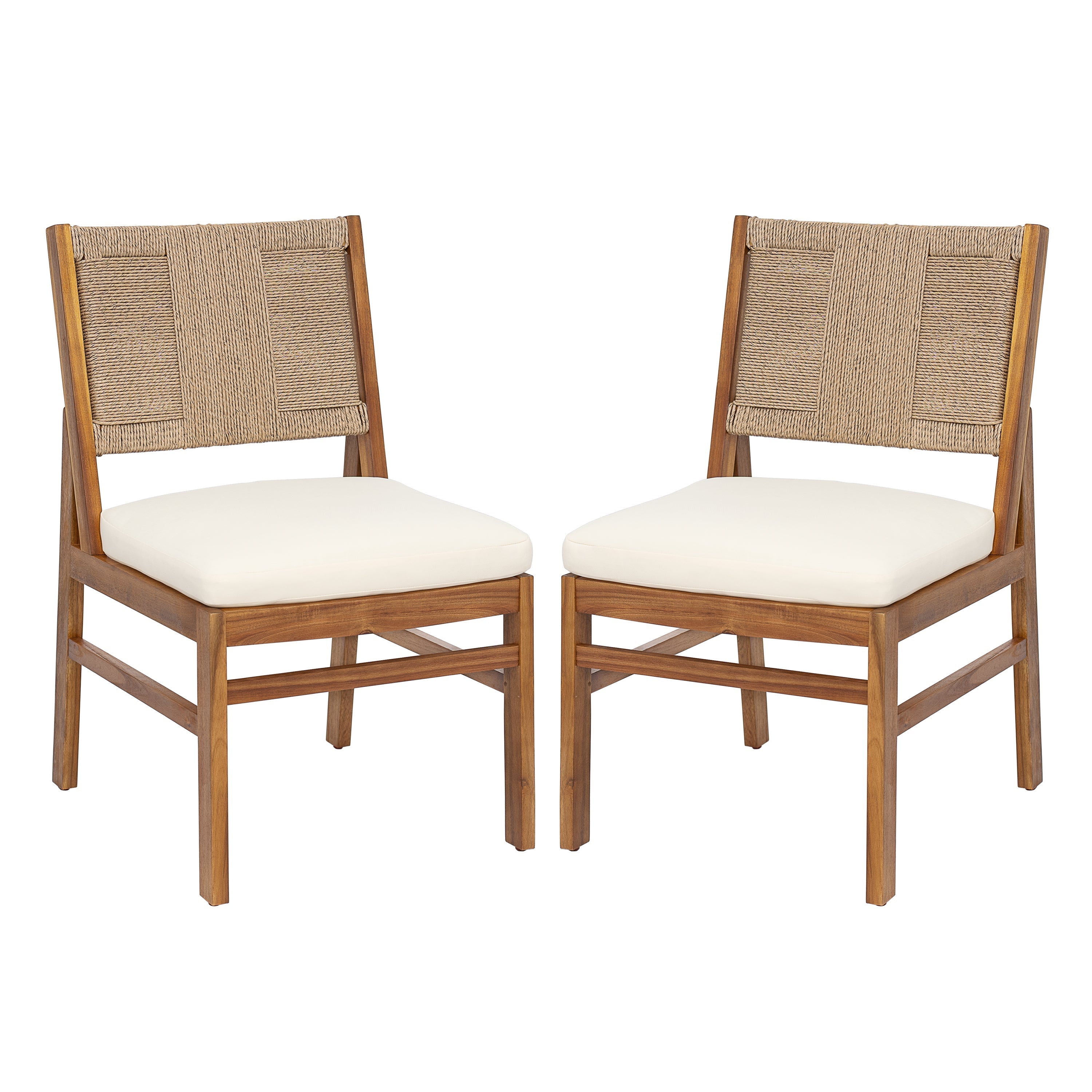 Monica Outdoor Wood and Wicker Woven Dining Chair with Cushions, Set of 2