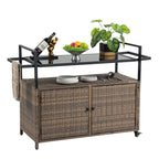 Outdoor Rolling Wicker Bar Cart with Glass Top