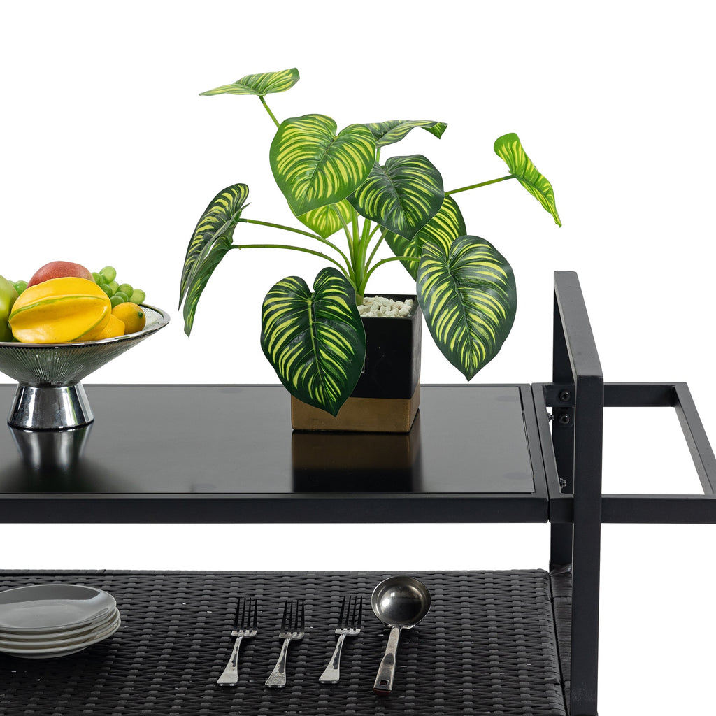 Outdoor Rolling Wicker Bar Cart with Glass Top