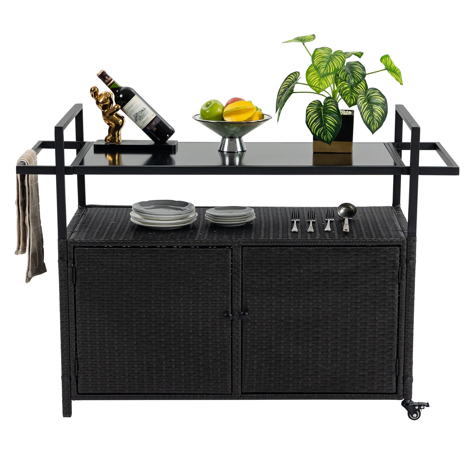 Outdoor Rolling Wicker Bar Cart with Glass Top