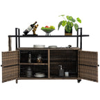 Outdoor Rolling Wicker Bar Cart with Glass Top
