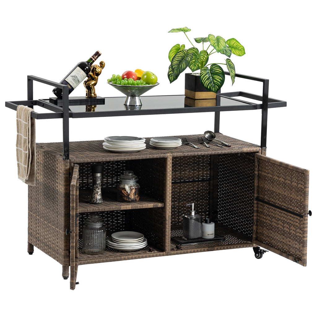 Outdoor Rolling Wicker Bar Cart with Glass Top