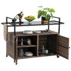 Outdoor Rolling Wicker Bar Cart with Glass Top