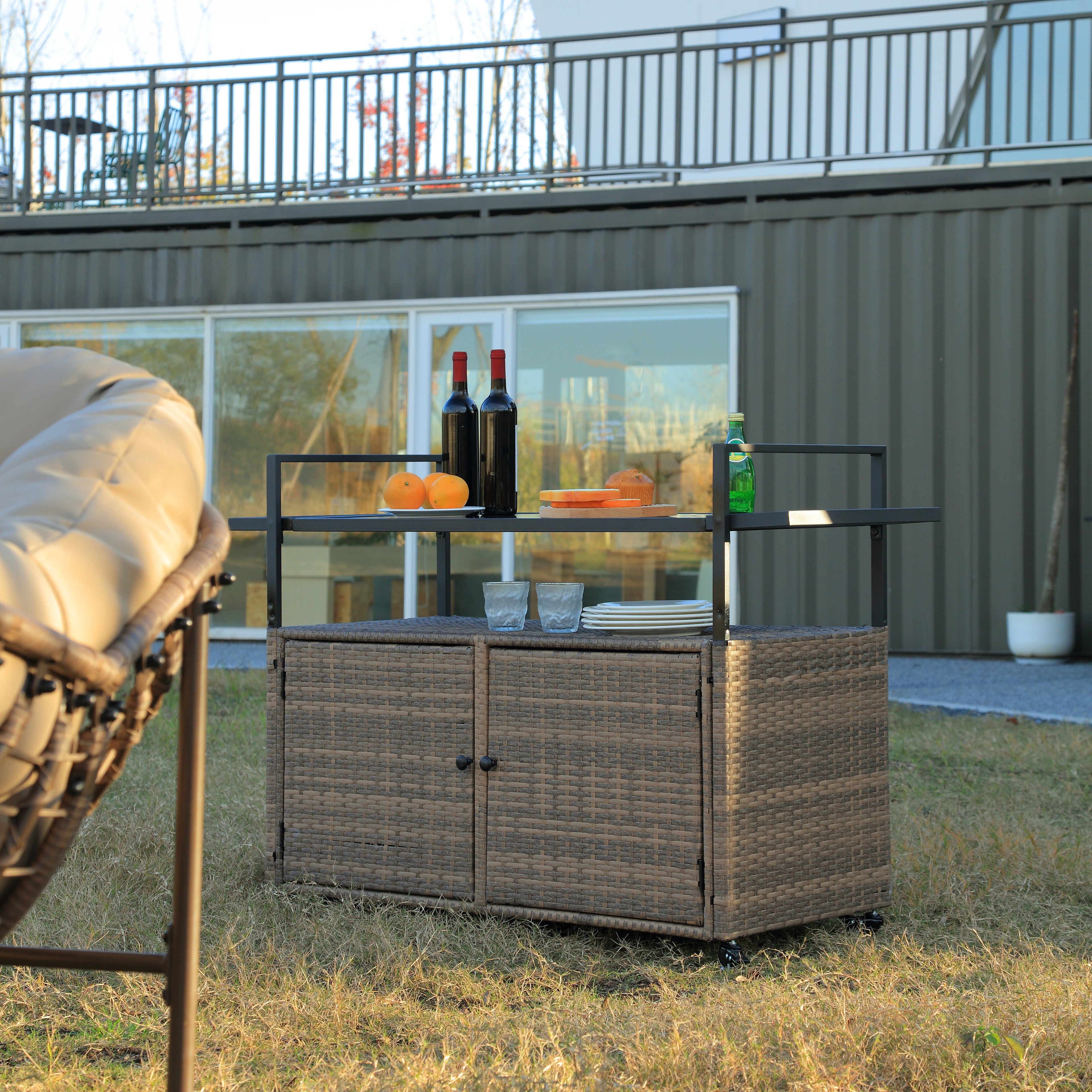 Outdoor Rolling Wicker Bar Cart with Glass Top