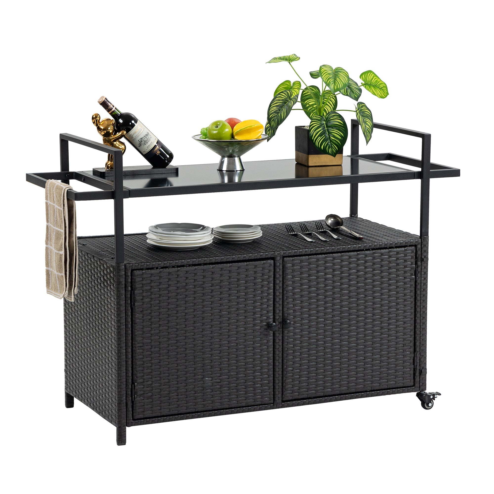 Outdoor Rolling Wicker Bar Cart with Glass Top
