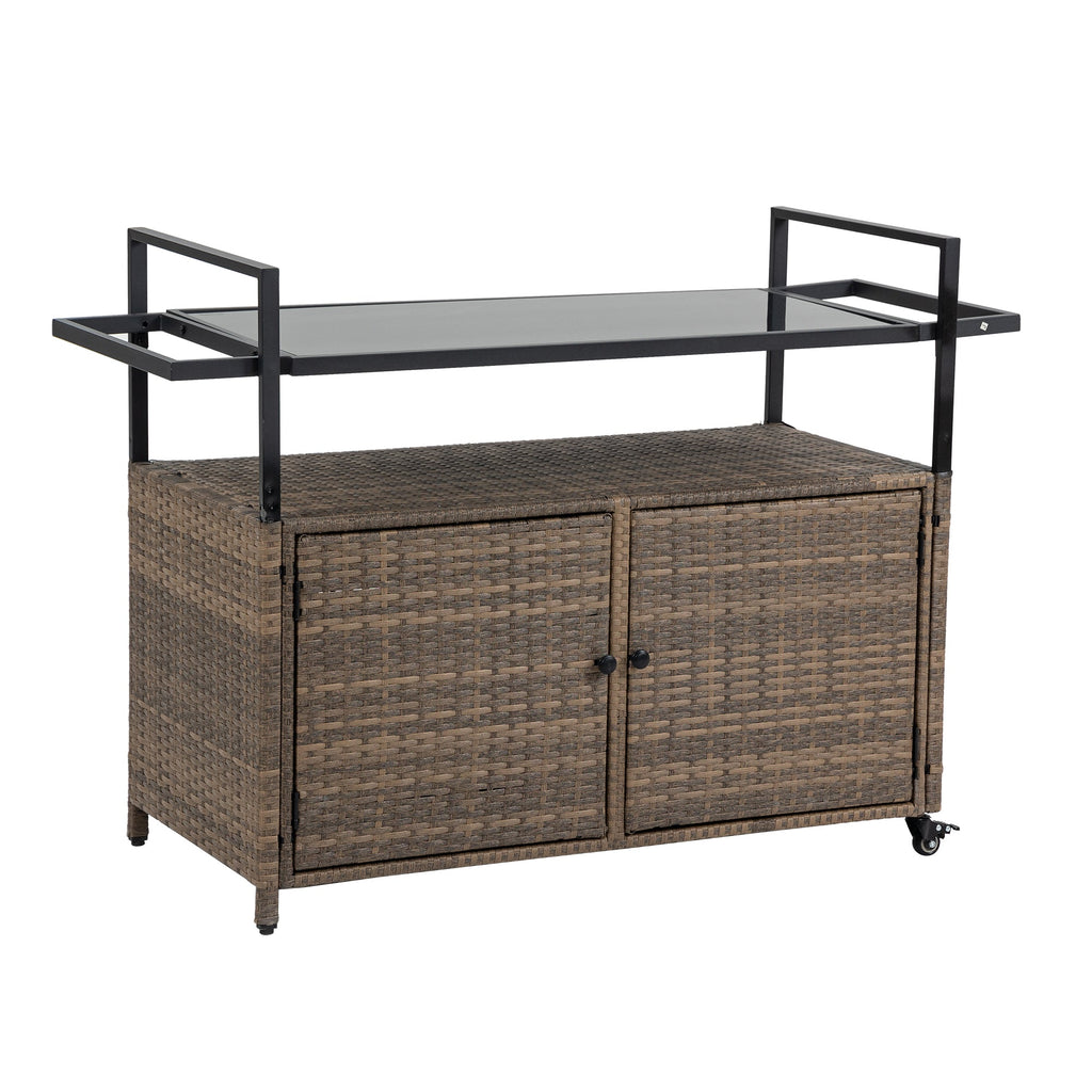 Outdoor Rolling Wicker Bar Cart with Glass Top
