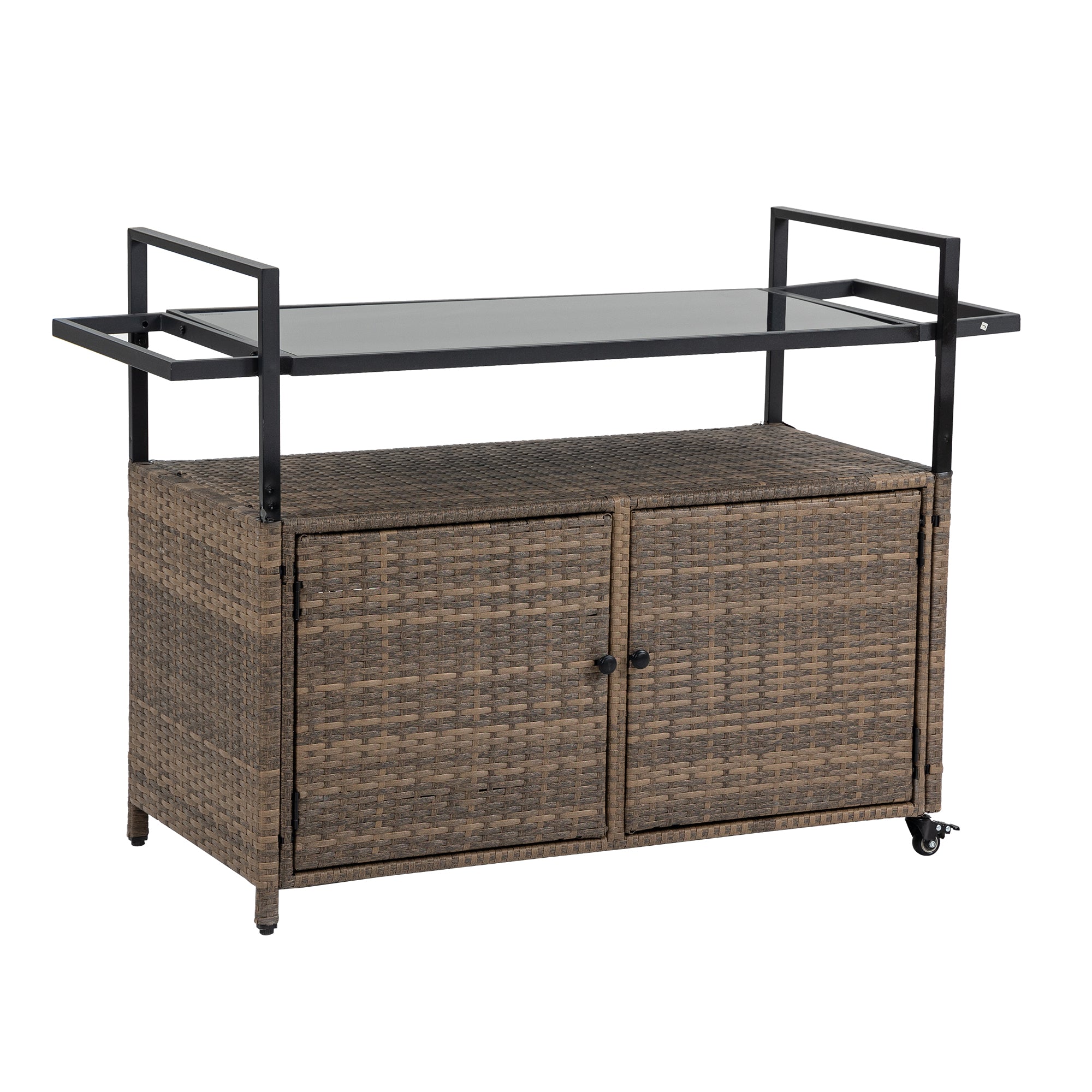 Outdoor Rolling Wicker Bar Cart with Glass Top