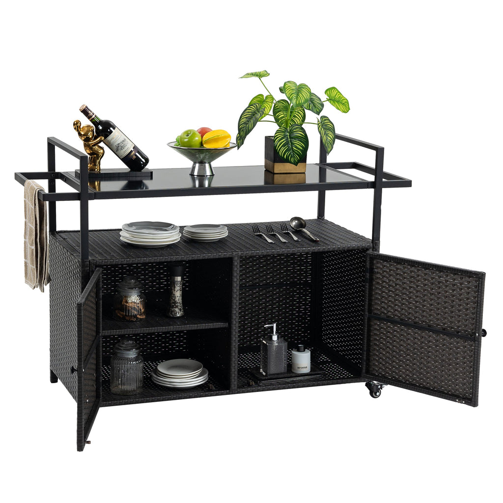 Outdoor Rolling Wicker Bar Cart with Glass Top