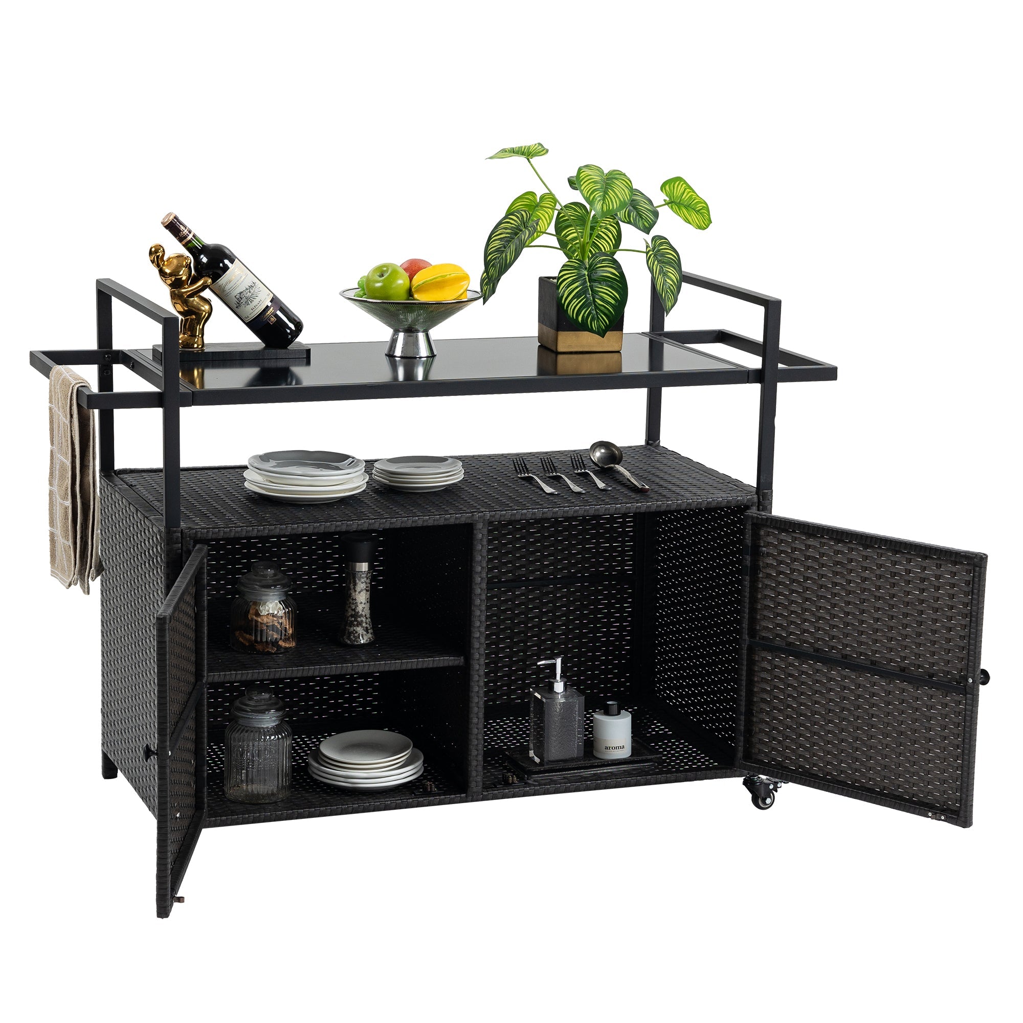 Outdoor Rolling Wicker Bar Cart with Glass Top