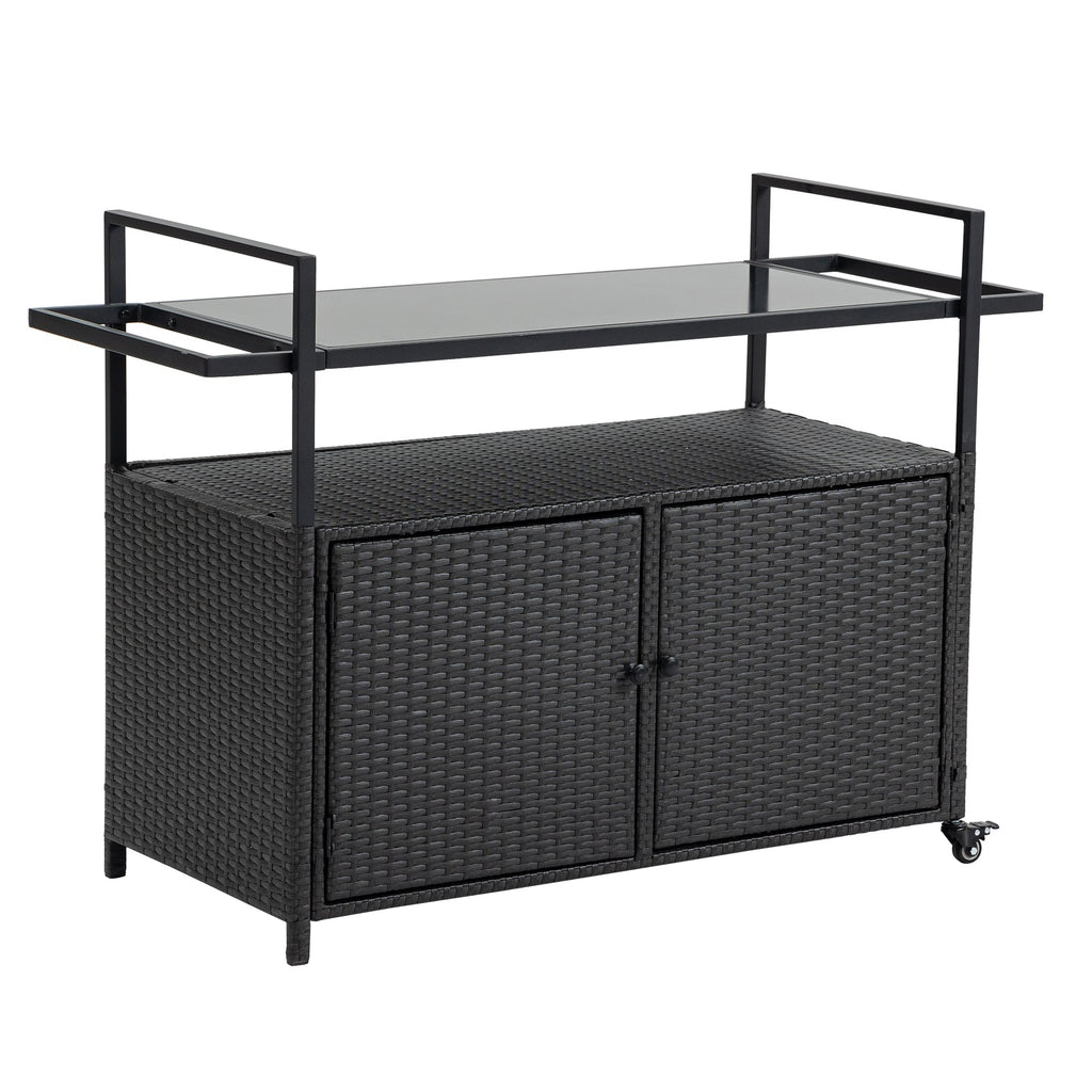 Outdoor Rolling Wicker Bar Cart with Glass Top