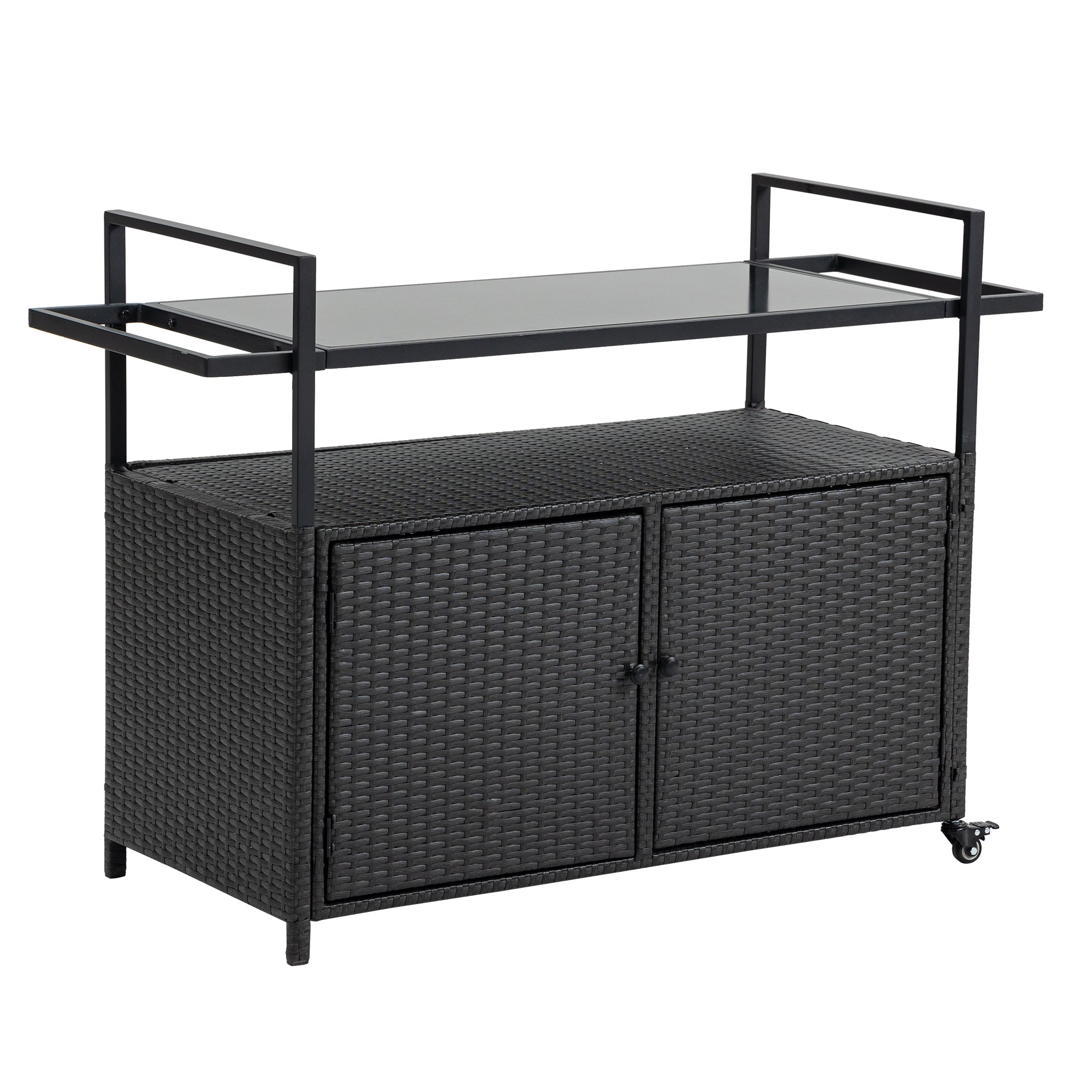 Outdoor Rolling Wicker Bar Cart with Glass Top