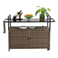 Outdoor Rolling Wicker Bar Cart with Glass Top