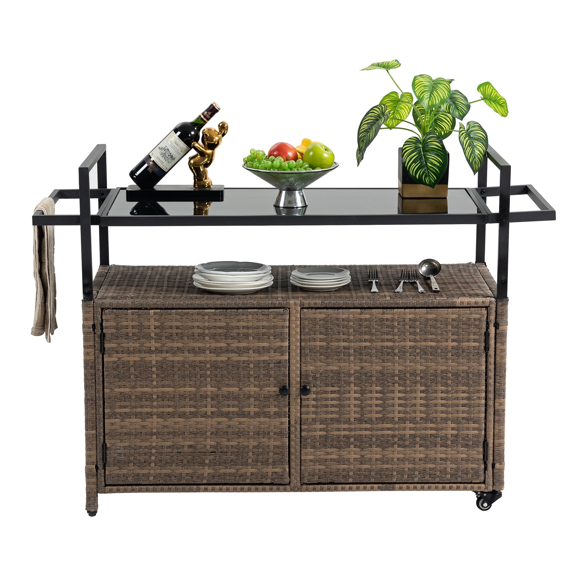 Outdoor Rolling Wicker Bar Cart with Glass Top
