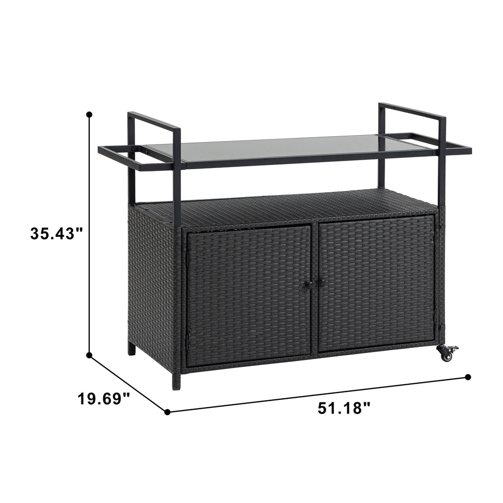 Outdoor Rolling Wicker Bar Cart with Glass Top