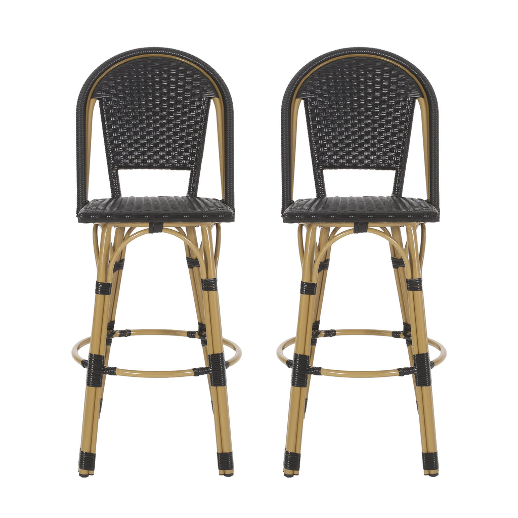 Callisto 29.5" Outdoor Rattan and Aluminum Bar Stool with Curved Back and Footrest